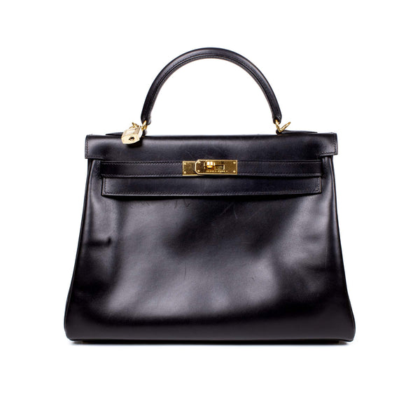 Pre-loved Hermès Black Kelly Sellier 32cm Bag in Noir Calfskin Box Leather with Gold Hardware