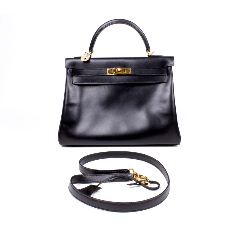 Pre-loved Hermès Black Kelly Sellier 32cm Bag in Noir Calfskin Box Leather with Gold Hardware